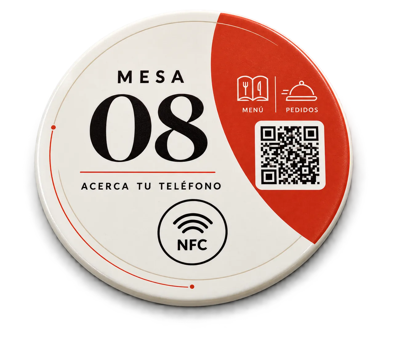 Placa circular NFC para mesa con código QR, número de mesa y acceso a menú y pedidos.