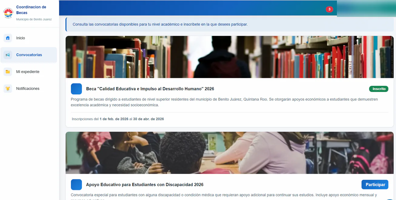 Scholarship call portal for the Benito Juárez Scholarship Platform.