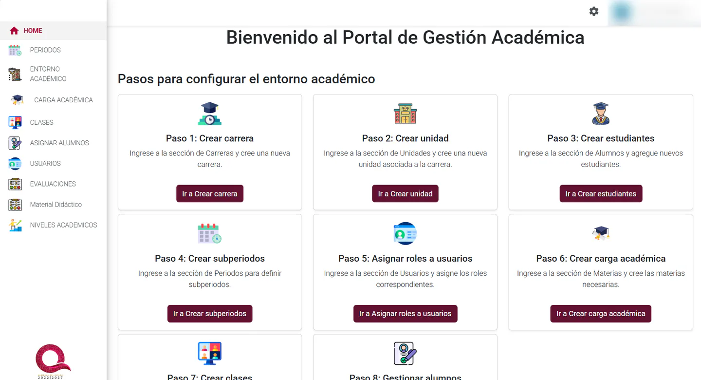 PEESaD academic environment configuration dashboard.